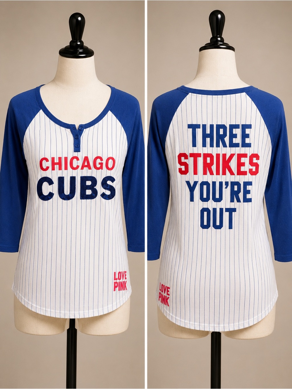 Chicago Cubs Pinstripe Raglan Tee - Blue & White with Red Accents